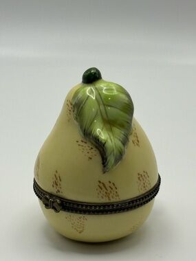 Porcelain Pear Trinket Box in Cream with Green Leaf Accent